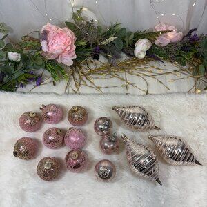 14 PC Gold Blush Pink Glass Christmas Holiday ornaments